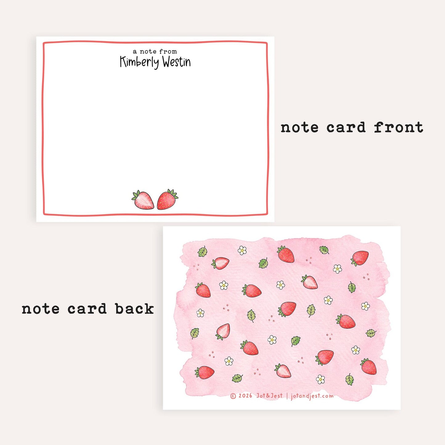Personalized Pink Strawberry Stationery Set • Custom Name Flat Notecards • Cute Strawberry Thank You Cards • Set of 12