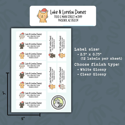 Christmas Cat Address Labels • Personalized Return Address Stickers • Custom Holiday Mailing Labels • Cute Christmas Cat Labels