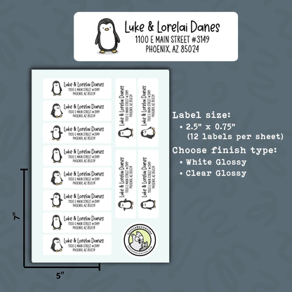 Penguin Return Address Labels • Weatherproof Vinyl Stickers • Personalized Mailing Labels • Cute Penguin Address Labels • Custom Name Labels