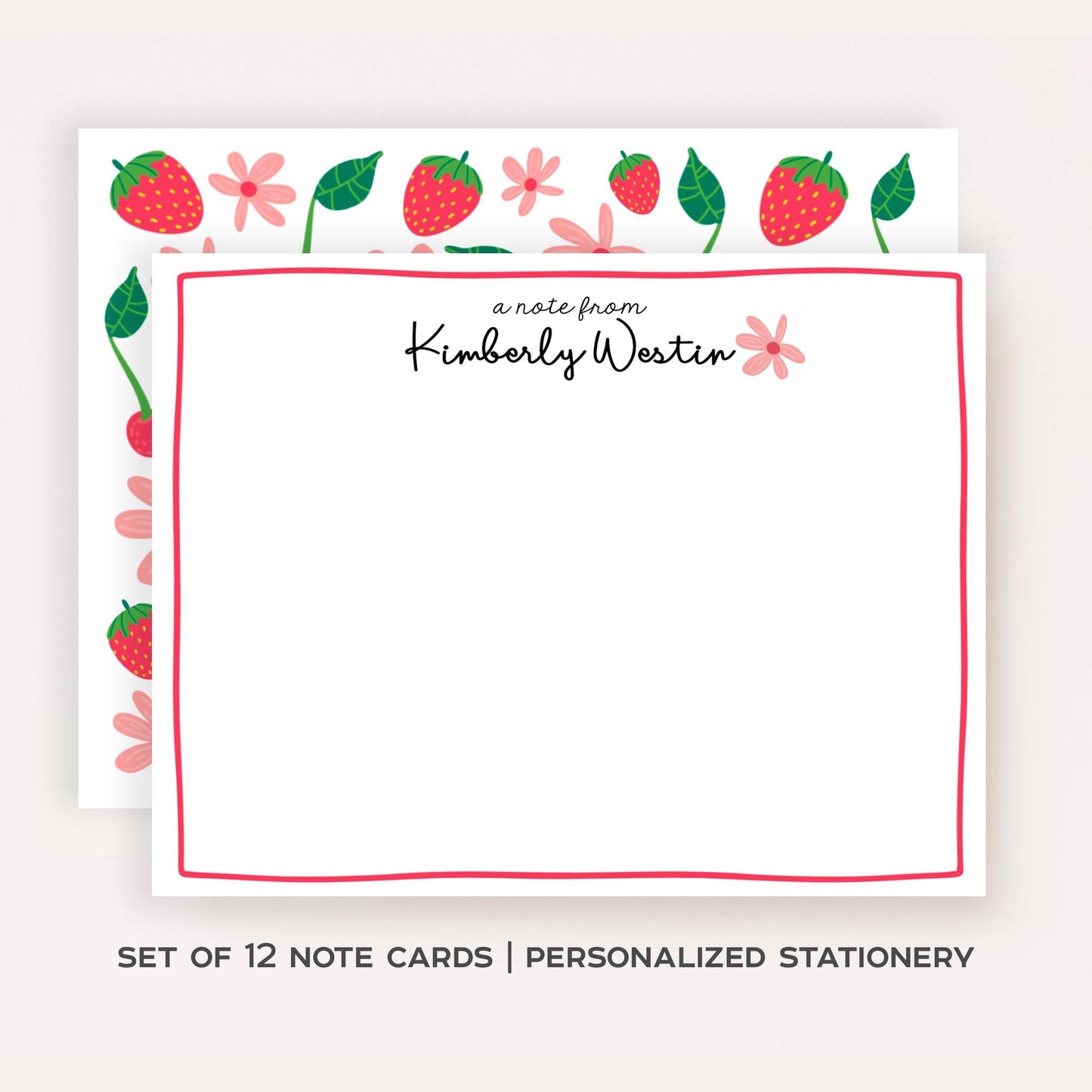Personalized Cherry Strawberry Stationery Set • Custom Name Flat Notecards • Fruit Thank You Cards • Cute Stationery Gift • Set of 12