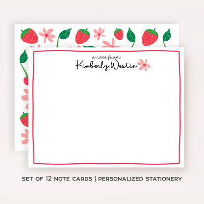Personalized Cherry Strawberry Stationery Set • Custom Name Flat Notecards • Fruit Thank You Cards • Cute Stationery Gift • Set of 12