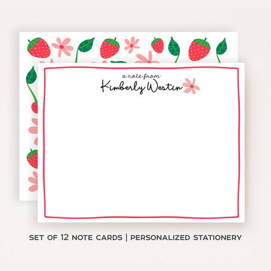 Personalized Cherry Strawberry Stationery Set • Custom Name Flat Notecards • Fruit Thank You Cards • Cute Stationery Gift • Set of 12