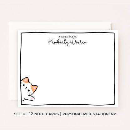 Personalized Waving Cat Stationery Set • Custom Name Flat Notecards • Cute Cat Note Cards • Teacher Stationery Gift • Set of 12