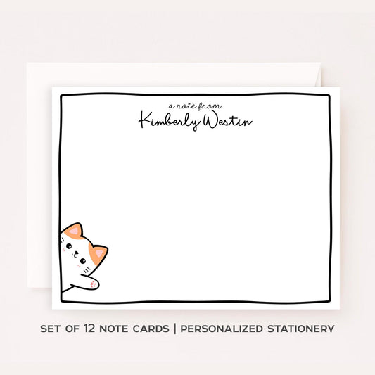 Personalized Waving Cat Stationery Set • Custom Name Flat Notecards • Cute Cat Note Cards • Teacher Stationery Gift • Set of 12