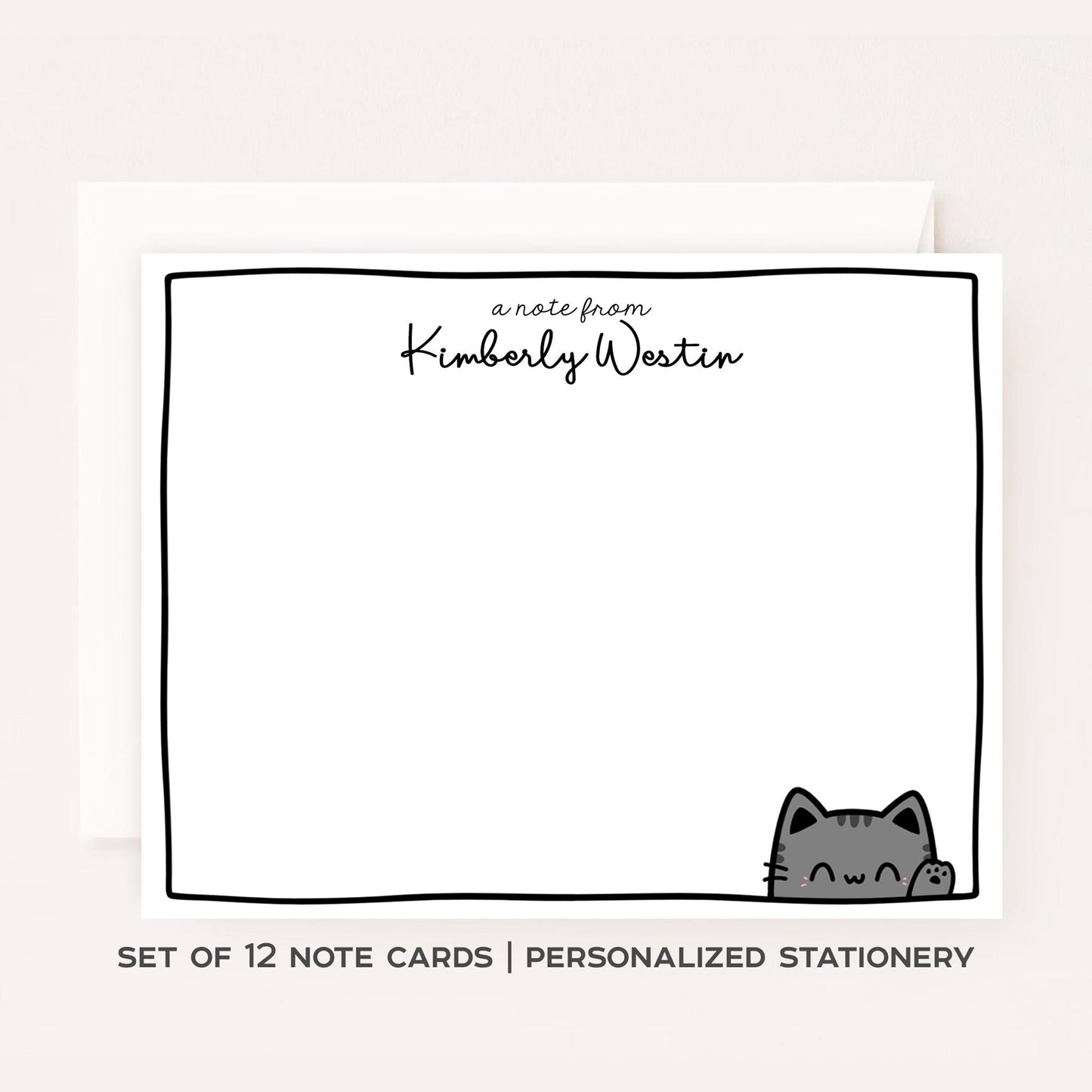 Personalized Cat Stationery • Cute Gray Cat Notecard Set • Custom Name Note Cards • Thank You Cards • Cat Lover Gift • Set of 12