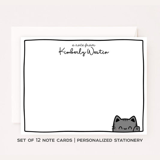 Personalized Cat Stationery • Cute Gray Cat Notecard Set • Custom Name Note Cards • Thank You Cards • Cat Lover Gift • Set of 12