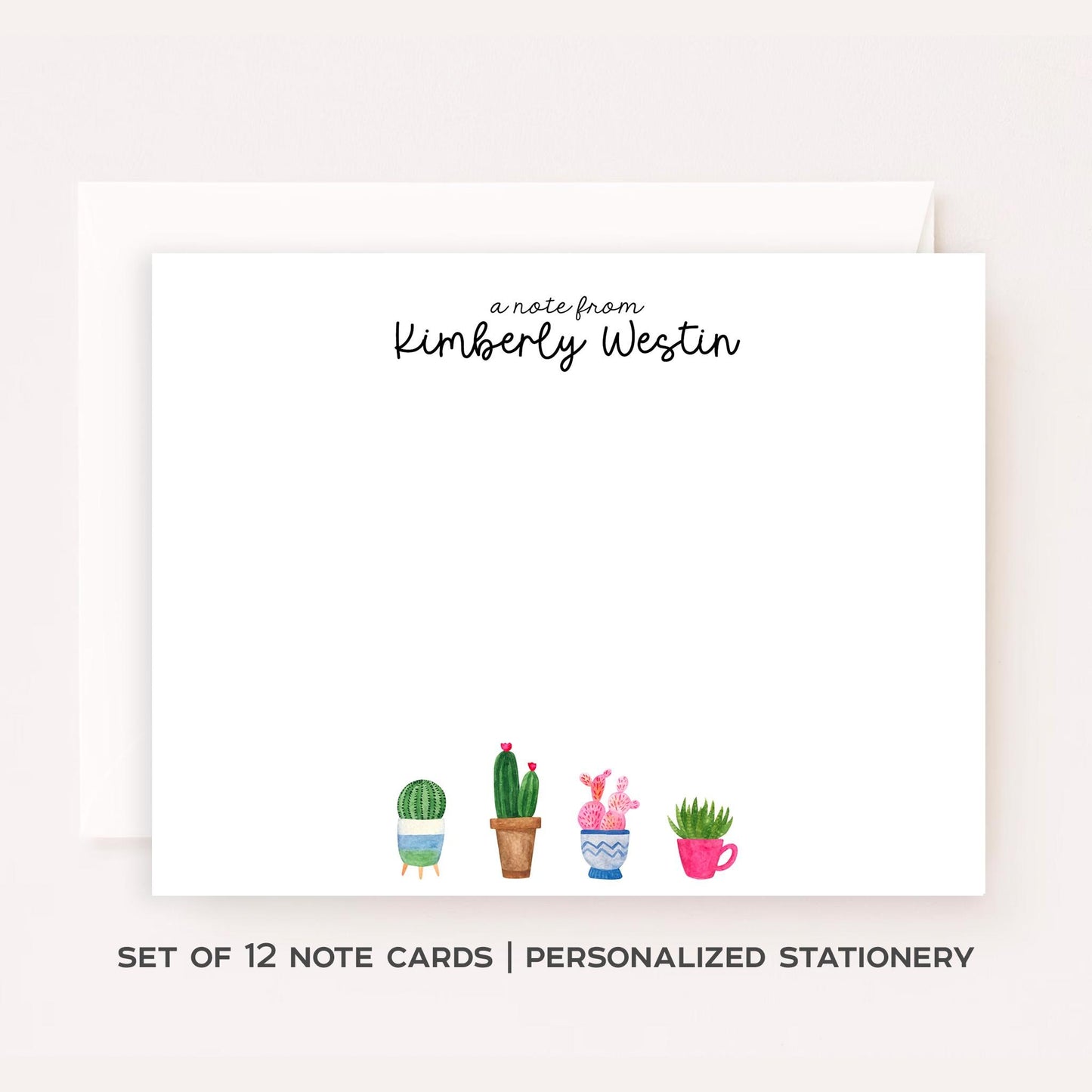 Personalized Succulent Stationery • Watercolor Plant Notecard Set • Custom Name Note Cards • Botanical Thank You Cards • Set of 12