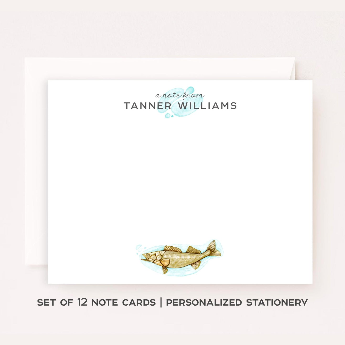 Personalized Walleye Fishing Stationery • Fish Notecard Set • Custom Name Note Cards • Fisherman Thank You Cards • Fishing Gift Set of 12