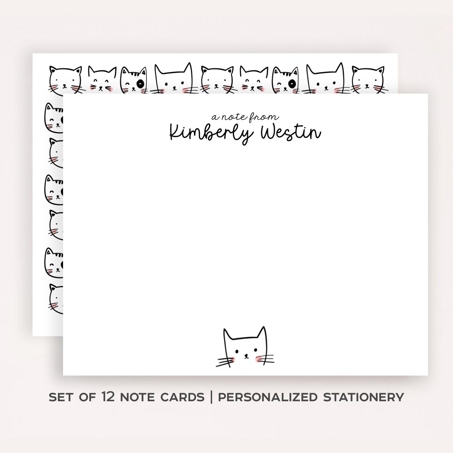 Personalized Cute Cat Stationery Set • Custom Name Flat Notecards • Cat Thank You Cards • Cat Lover Gift • Set of 12
