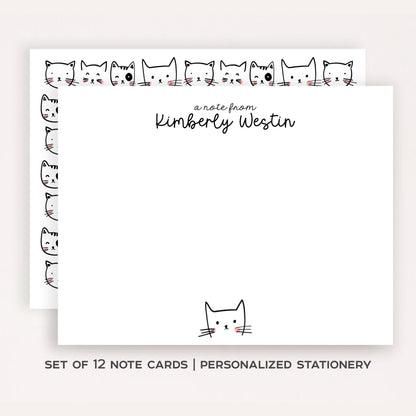 Personalized Cute Cat Stationery Set • Custom Name Flat Notecards • Cat Thank You Cards • Cat Lover Gift • Set of 12
