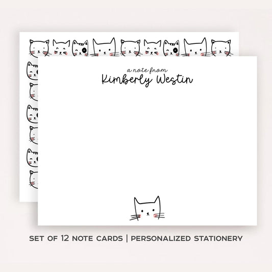 Personalized Cute Cat Stationery Set • Custom Name Flat Notecards • Cat Thank You Cards • Cat Lover Gift • Set of 12