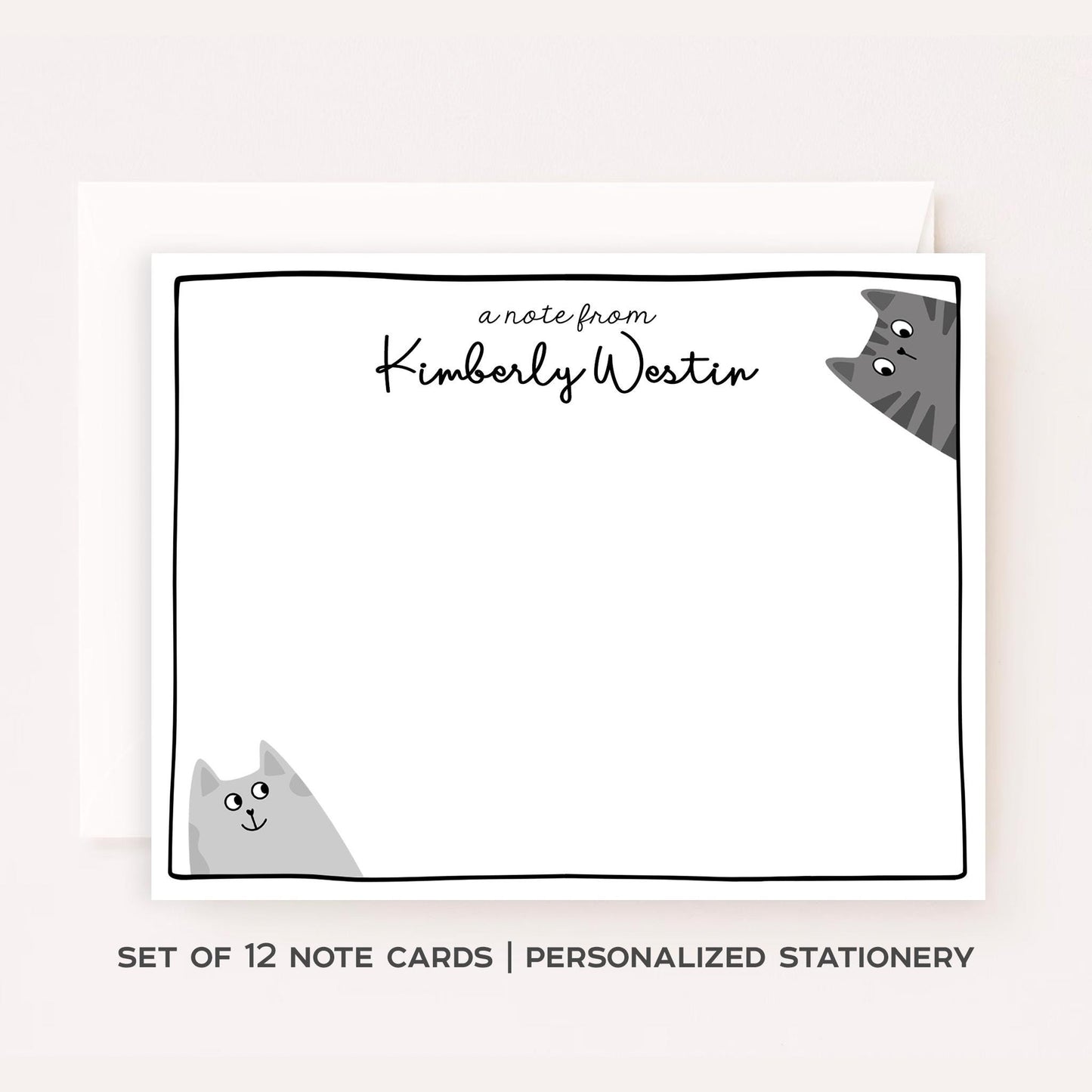 Personalized Gray Cat Stationery Set • Custom Name Flat Notecards • Cute Cat Thank You Cards • Cat Lover Gift • Set of 12