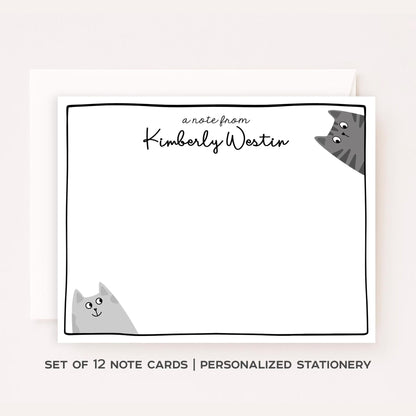 Personalized Gray Cat Stationery Set • Custom Name Flat Notecards • Cute Cat Thank You Cards • Cat Lover Gift • Set of 12