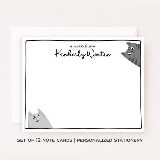 Personalized Gray Cat Stationery Set • Custom Name Flat Notecards • Cute Cat Thank You Cards • Cat Lover Gift • Set of 12