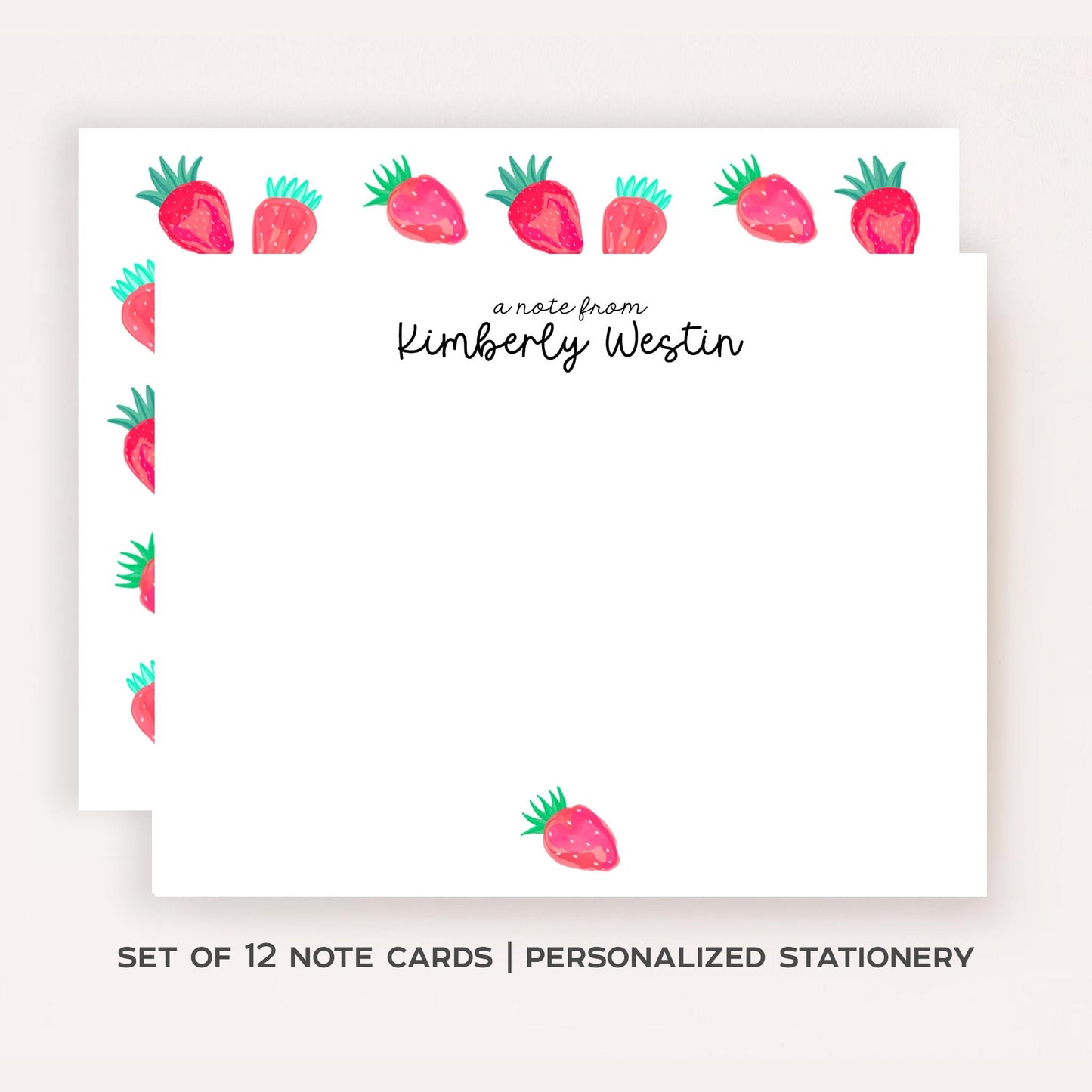 Personalized Strawberry Stationery Set • Pink Watercolor Strawberry Notecards • Custom Name Thank You Cards • Set of 12