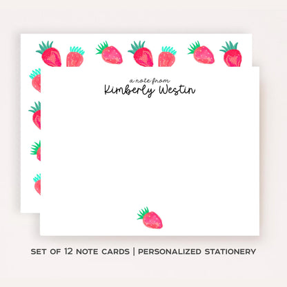Personalized Strawberry Stationery Set • Pink Watercolor Strawberry Notecards • Custom Name Thank You Cards • Set of 12