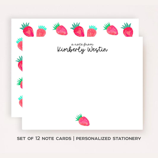 Personalized Strawberry Stationery Set • Pink Watercolor Strawberry Notecards • Custom Name Thank You Cards • Set of 12