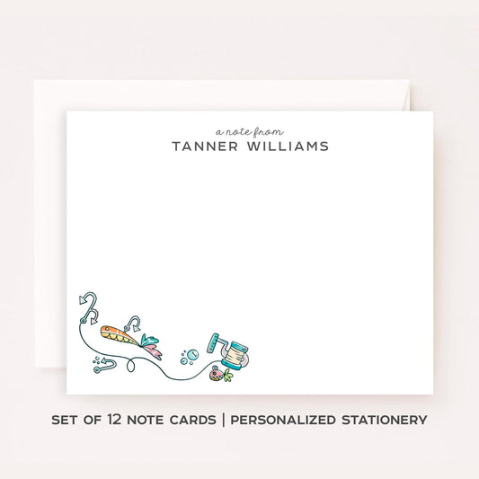 Personalized Fishing Stationery • Custom Fish Notecard Set • Fisherman Note Cards • Custom Name Thank You Cards • Fishing Gift Set of 12