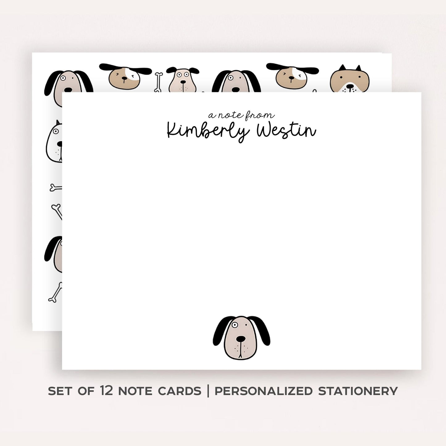 Personalized Cartoon Dog Stationery Set • Custom Name Flat Notecards • Cute Dog Thank You Cards • Dog Lover Gift • Set of 12