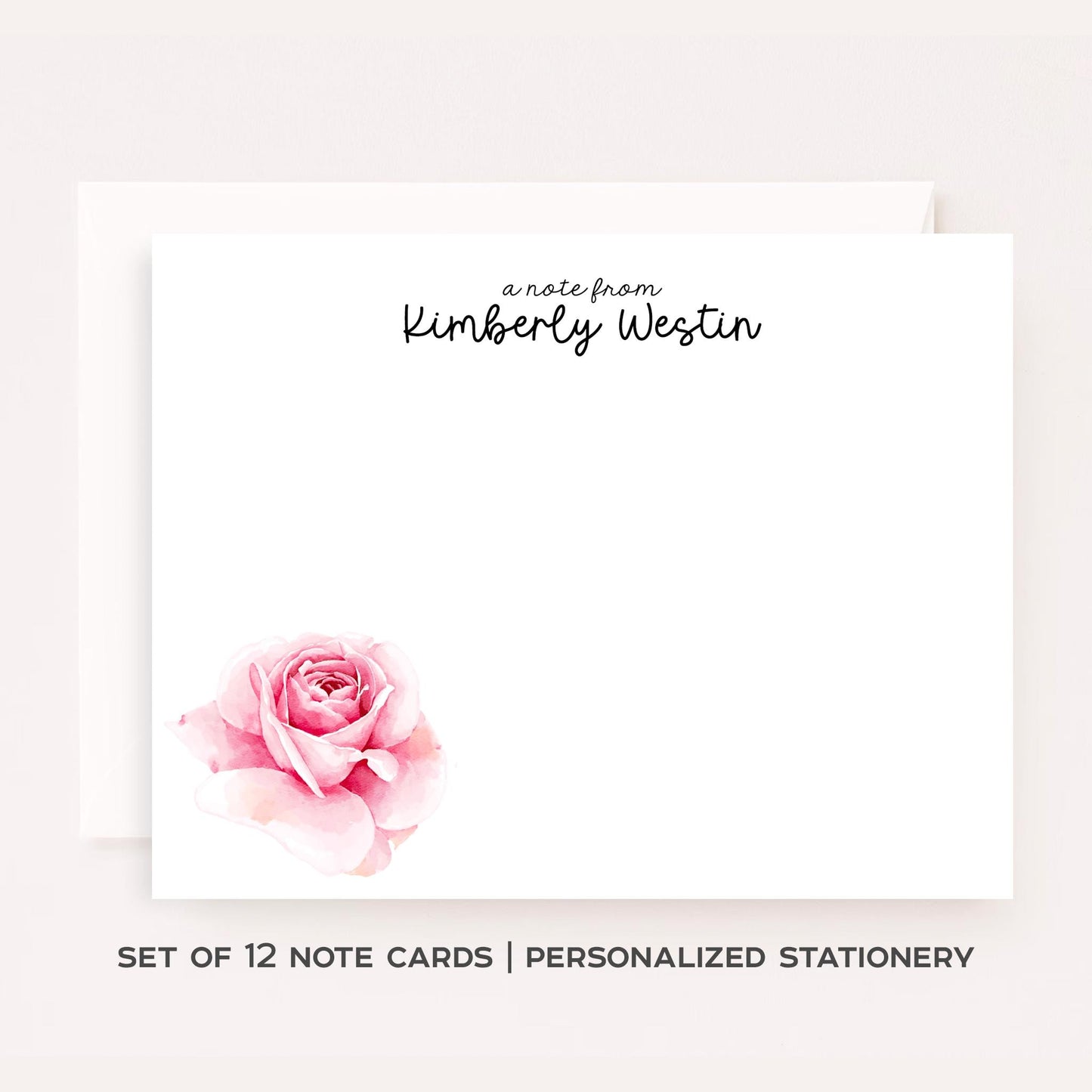 Personalized Rose Stationery • Pink Floral Notecard Set • Custom Name Note Cards • Thank You Cards • Pink Roses Stationery Set of 12