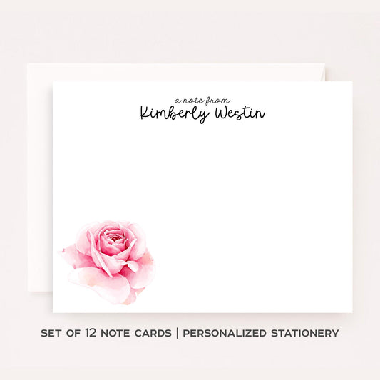 Personalized Rose Stationery • Pink Floral Notecard Set • Custom Name Note Cards • Thank You Cards • Pink Roses Stationery Set of 12