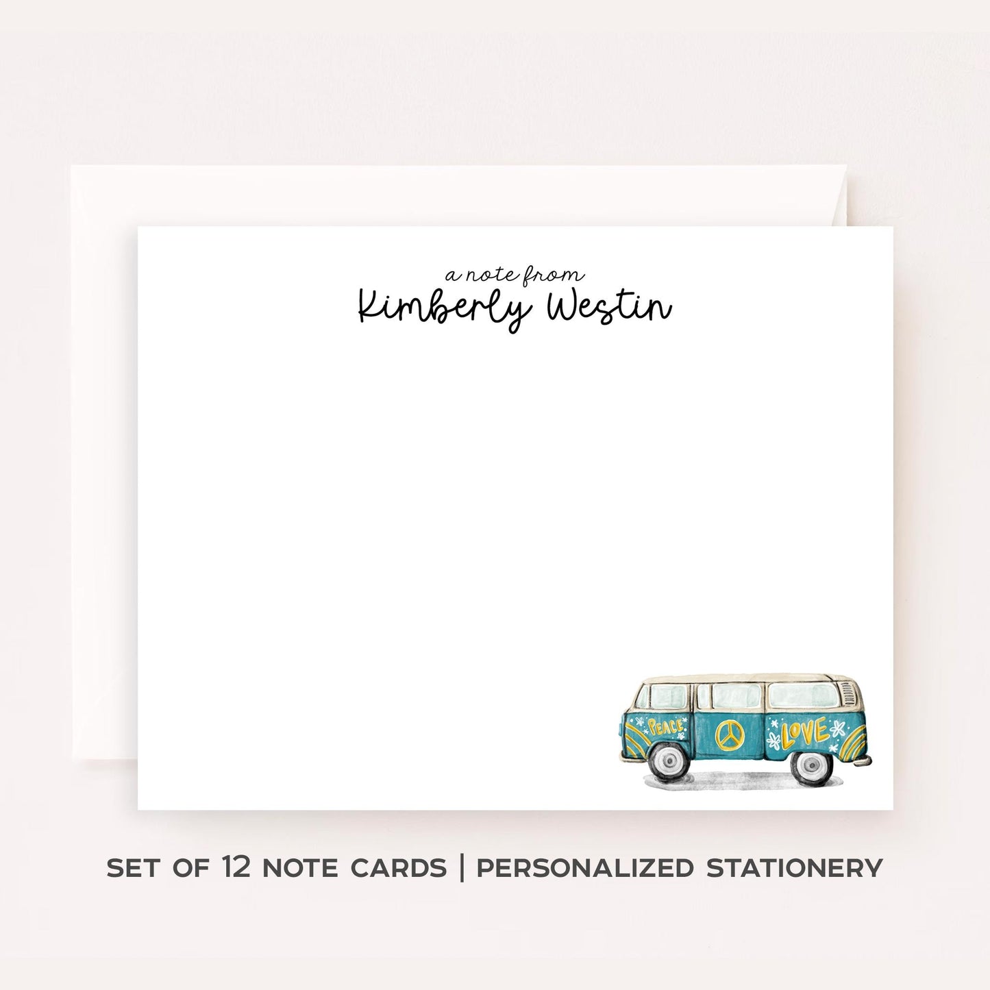 Personalized Hippie Bus Stationery • Retro Van Notecard Set • Custom Name Note Cards • Thank You Cards • Boho Stationery Set of 12