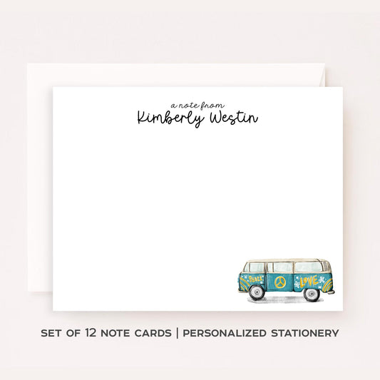 Personalized Hippie Bus Stationery • Retro Van Notecard Set • Custom Name Note Cards • Thank You Cards • Boho Stationery Set of 12