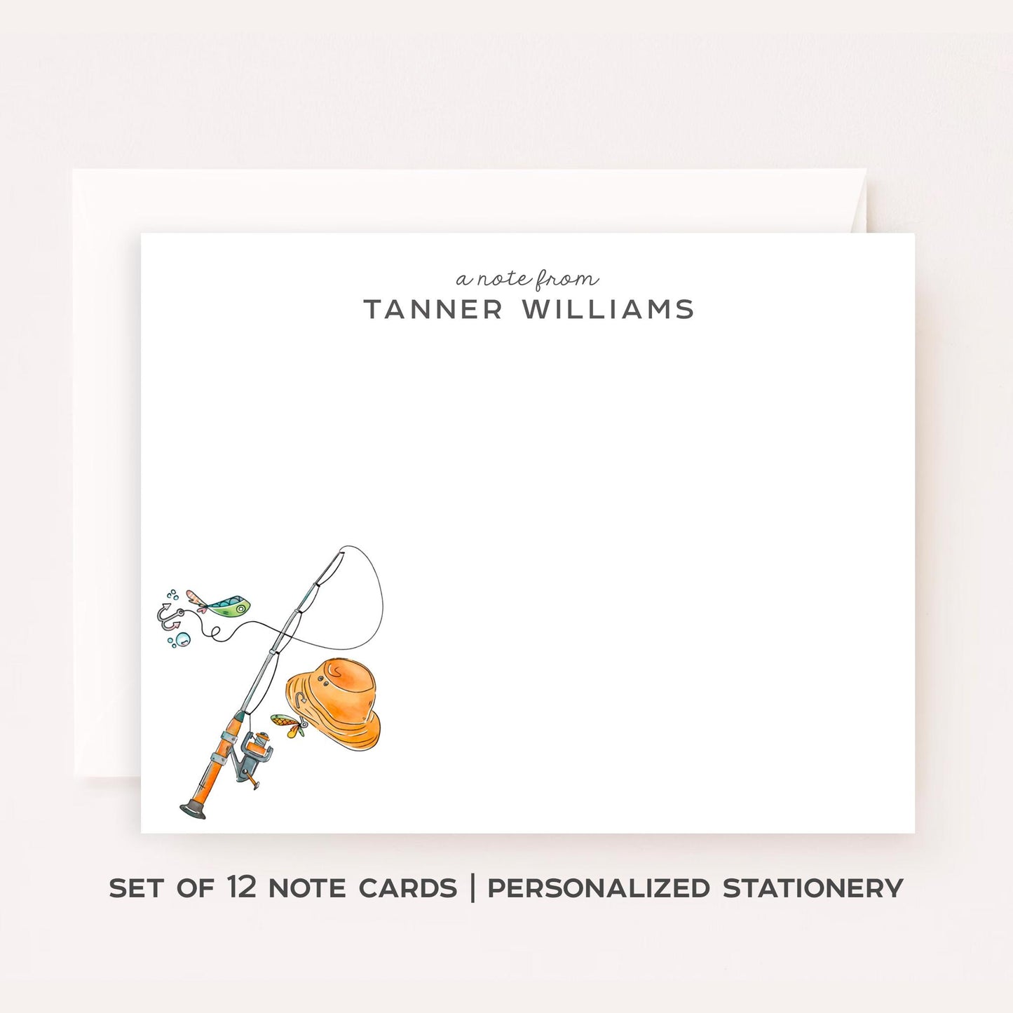 Personalized Fishing Stationery Set • Custom Name Flat Notecards • Fisherman Thank You Cards • Fishing Lover Gift • Set of 12