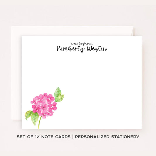 Personalized Pink Hydrangea Stationery Set • Custom Name Floral Notecards • Flower Thank You Cards • Custom Stationery Gift • Set of 12