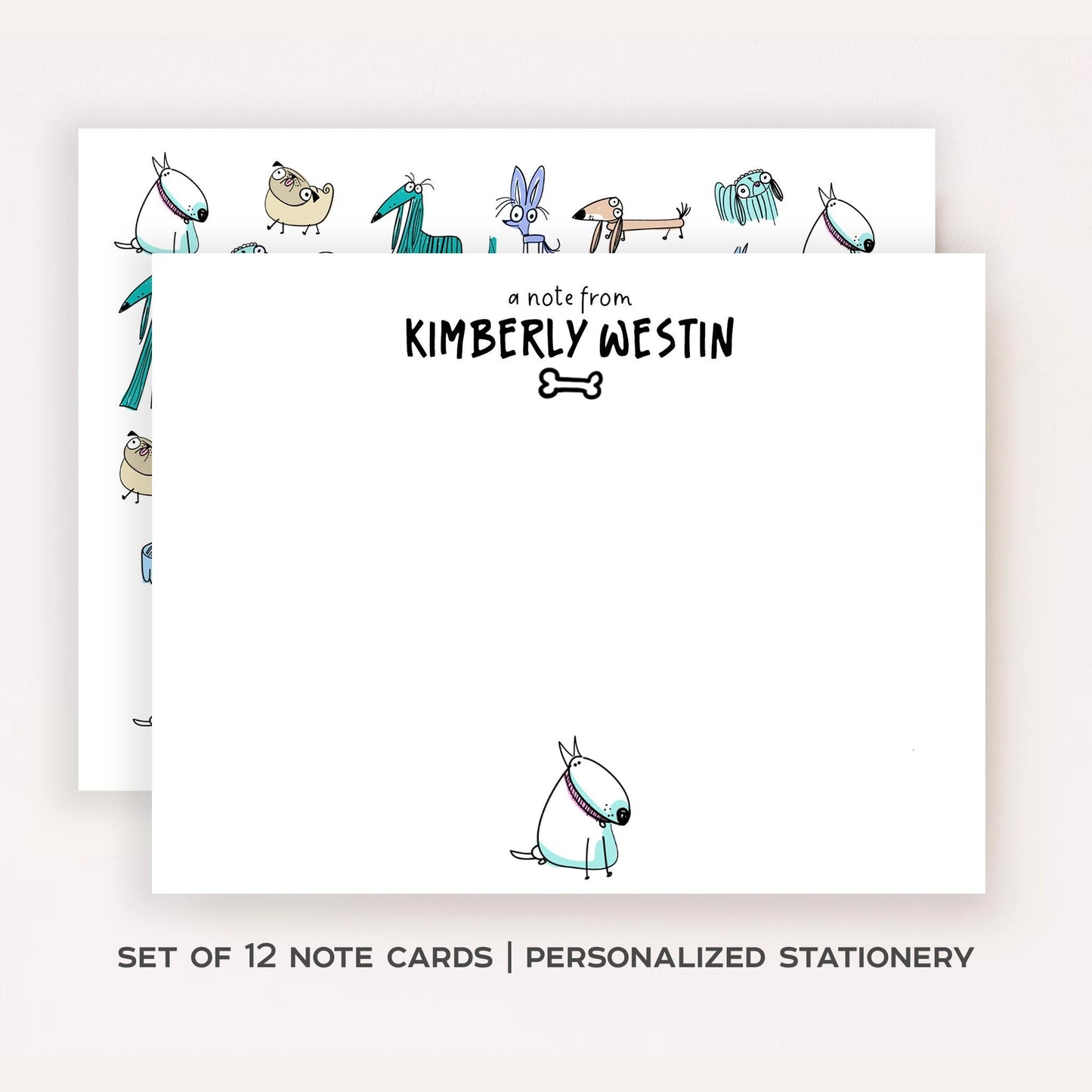 Personalized Dog Stationery Set • Custom Name Flat Notecards • Cute Cartoon Dog Thank You Cards • Dog Lover Gift • Set of 12