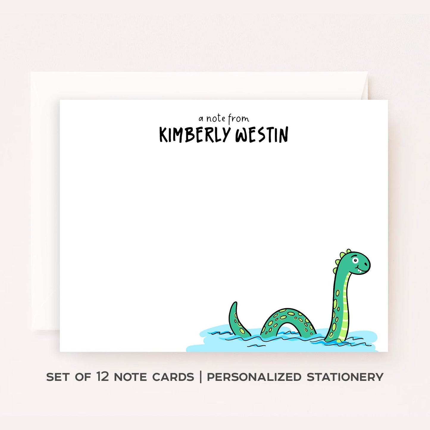 Personalized Loch Ness Notecards • Custom Name Stationery • Cute Nessie Flat Note Cards • Loch Ness Monster Thank You Gift