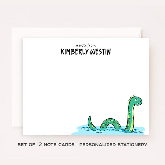Personalized Loch Ness Notecards • Custom Name Stationery • Cute Nessie Flat Note Cards • Loch Ness Monster Thank You Gift