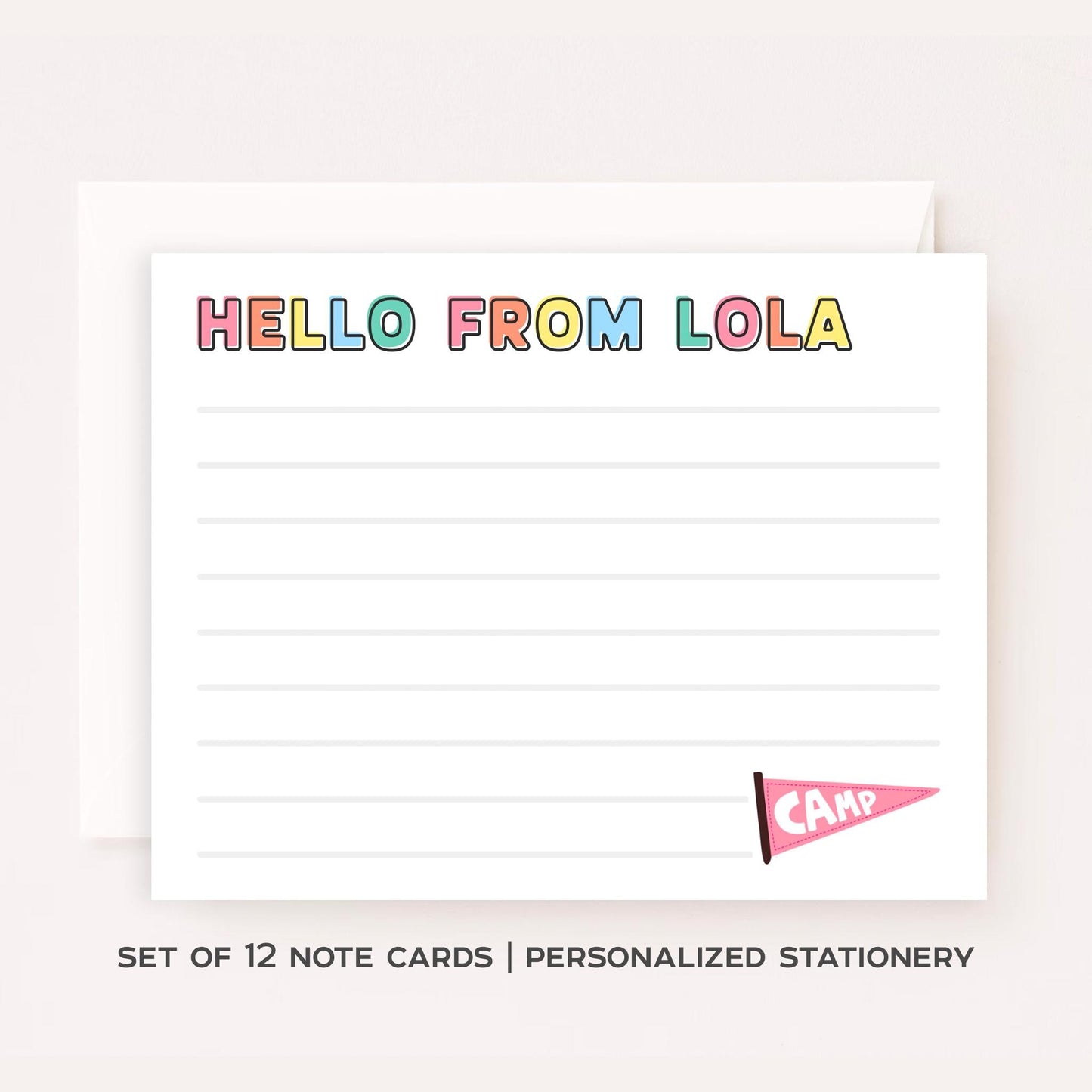 Personalized Kids Camp Stationery Set • Custom Name Flat Notecards • Cute Summer Camp Thank You Cards • Set of 12