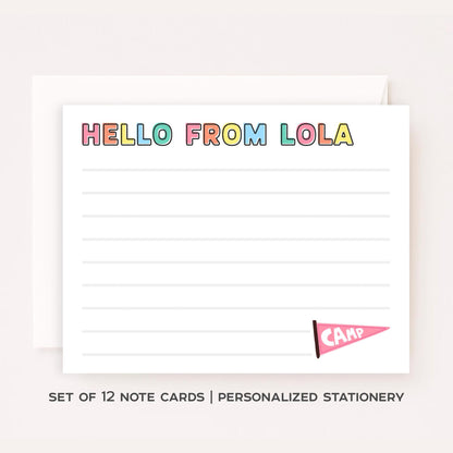 Personalized Kids Camp Stationery Set • Custom Name Flat Notecards • Cute Summer Camp Thank You Cards • Set of 12