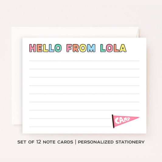 Personalized Kids Camp Stationery Set • Custom Name Flat Notecards • Cute Summer Camp Thank You Cards • Set of 12