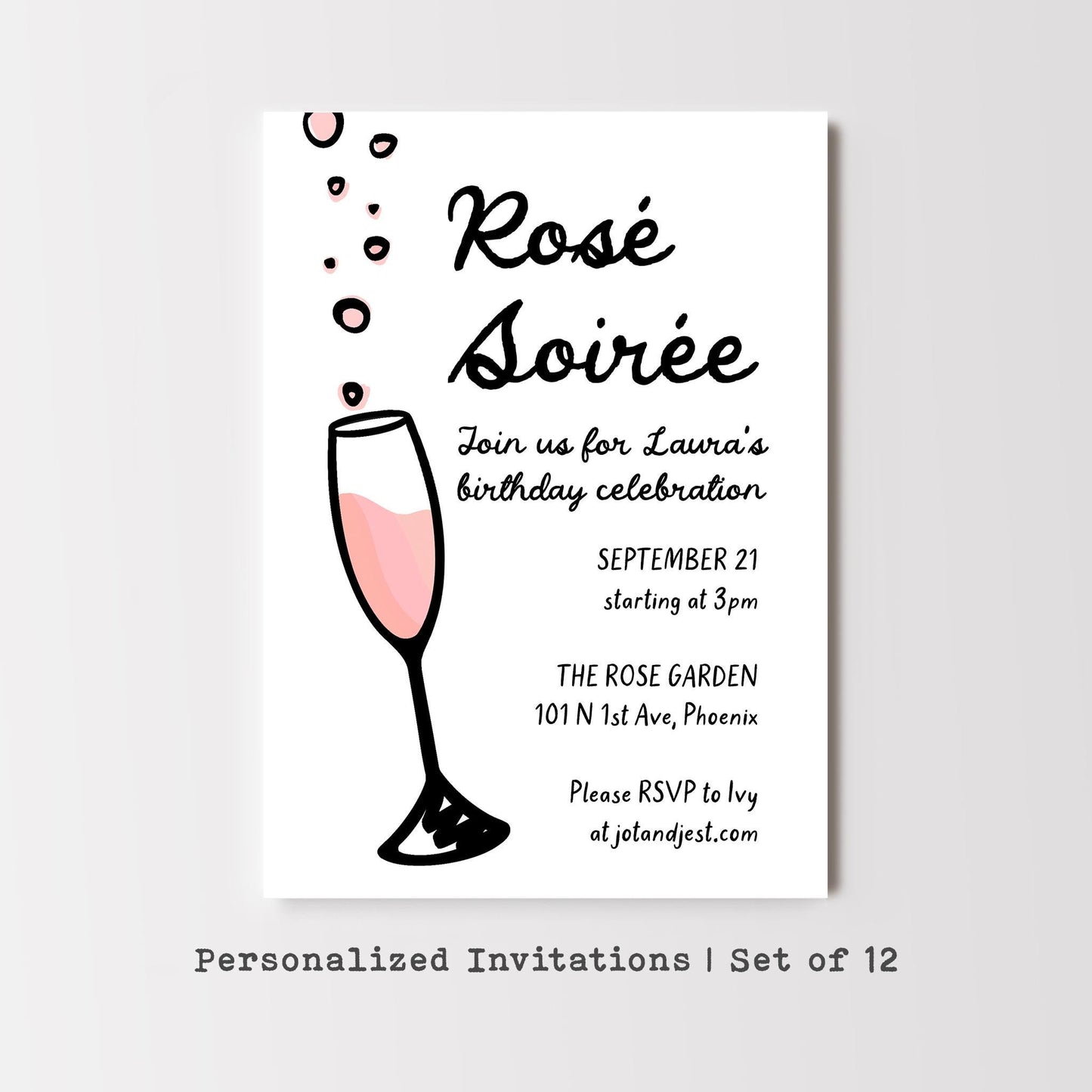 Rosé Soirée Party Invitation • Personalized Birthday Party Invite • Rosé Theme Celebration Invitation • Save the Date