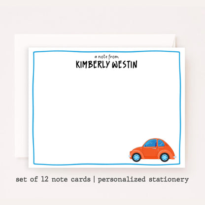 Personalized VW Beetle Stationery Set • Custom Name Flat Notecards • Cute Car Thank You Cards • Vintage Car Lover Gift • Set of 12