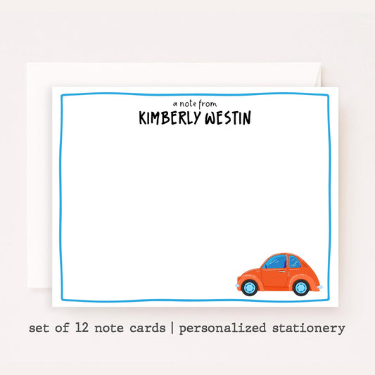 Personalized VW Beetle Stationery Set • Custom Name Flat Notecards • Cute Car Thank You Cards • Vintage Car Lover Gift • Set of 12