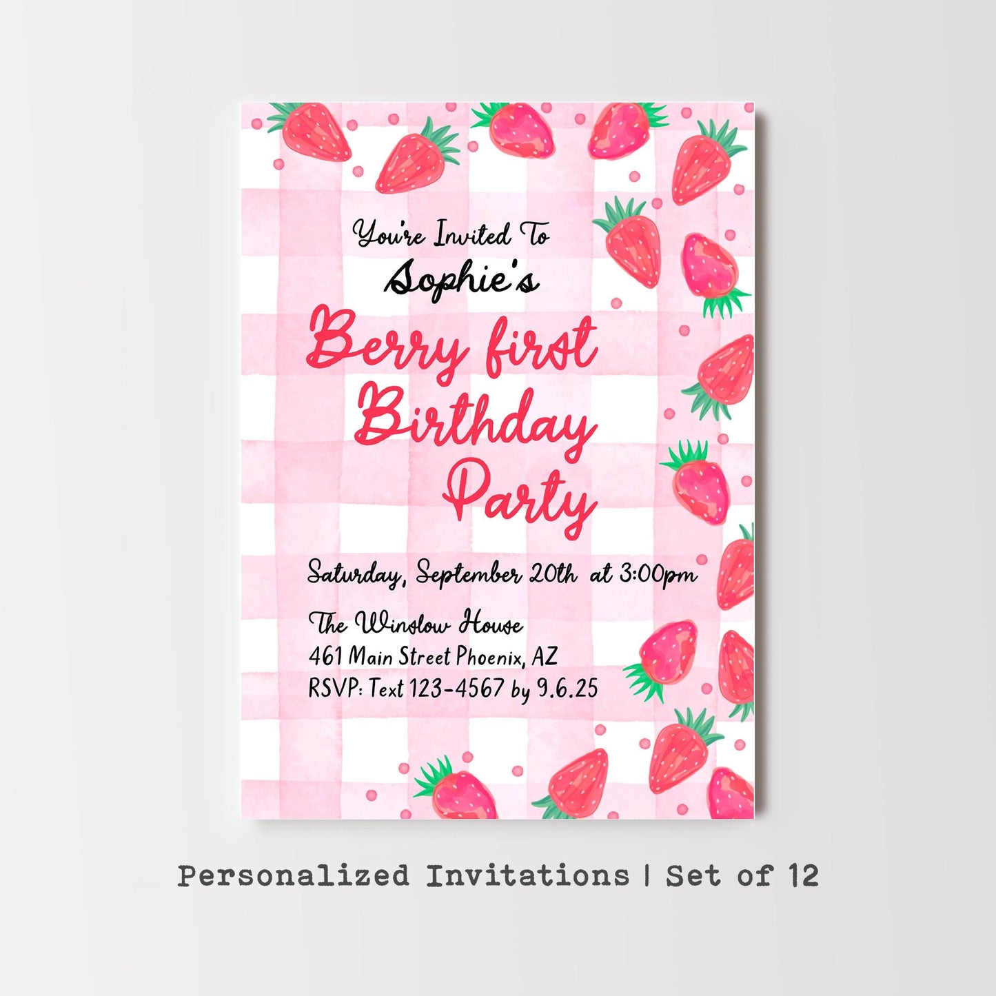 Berry First Birthday Invitation • Strawberry First Birthday Invite • Personalized Kids Birthday Party Invitation
