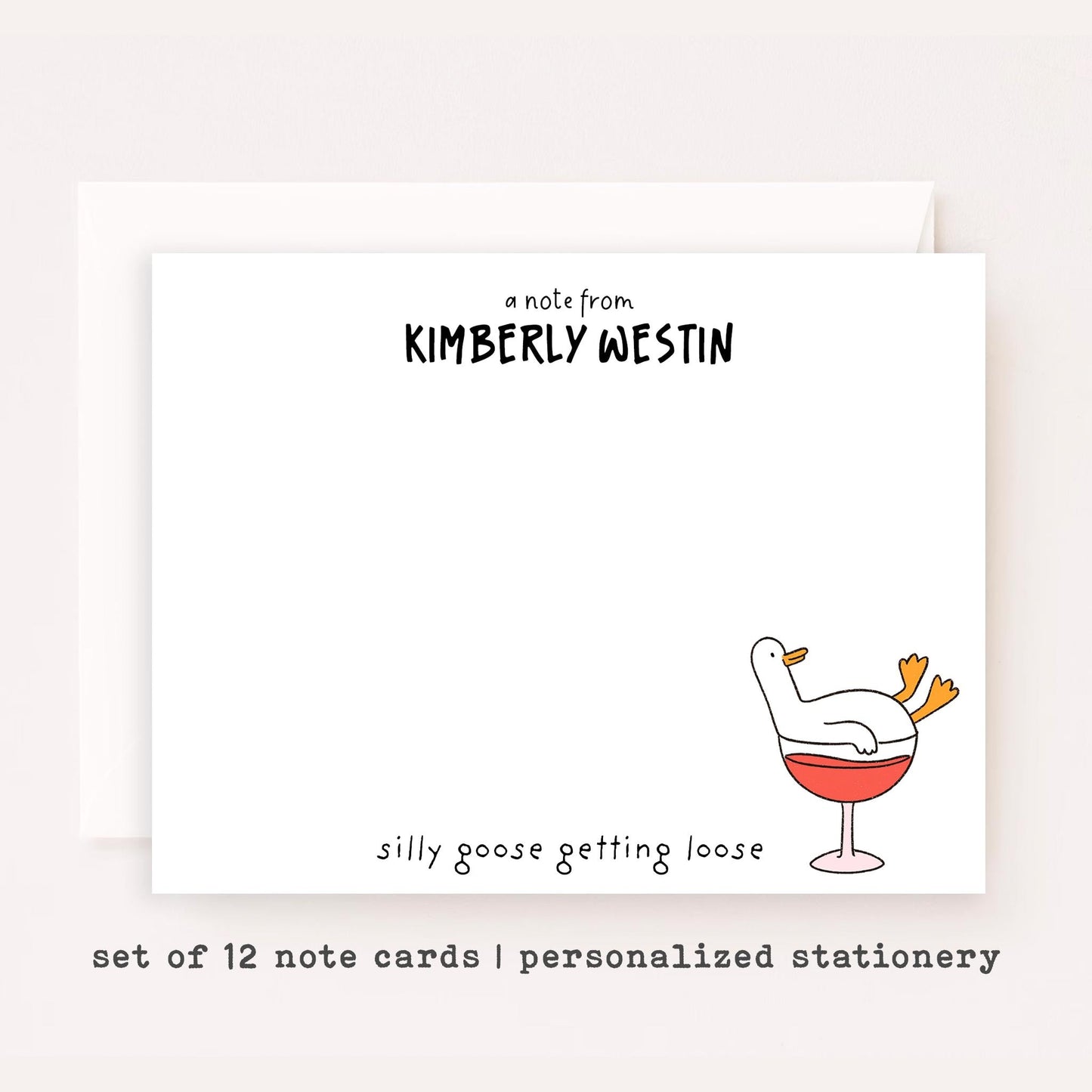 Personalized Silly Goose Stationery Set • Funny Wine Goose Notecards • Custom Name Flat Thank You Cards • Cute Cartoon Gift
