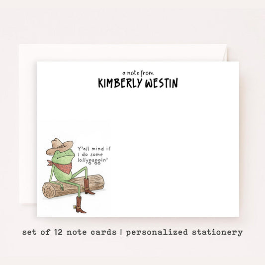 Personalized Western Frog Stationery • Funny Lollygaggin’ Frog Notecards • Custom Name Flat Thank You Cards • Set of 12