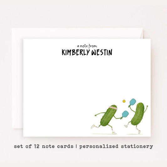 Personalized Pickleball Stationery • Cartoon Pickleball Notecard Set • Custom Name Note Cards • Thank You Cards • Pickleball Gift Set of 12