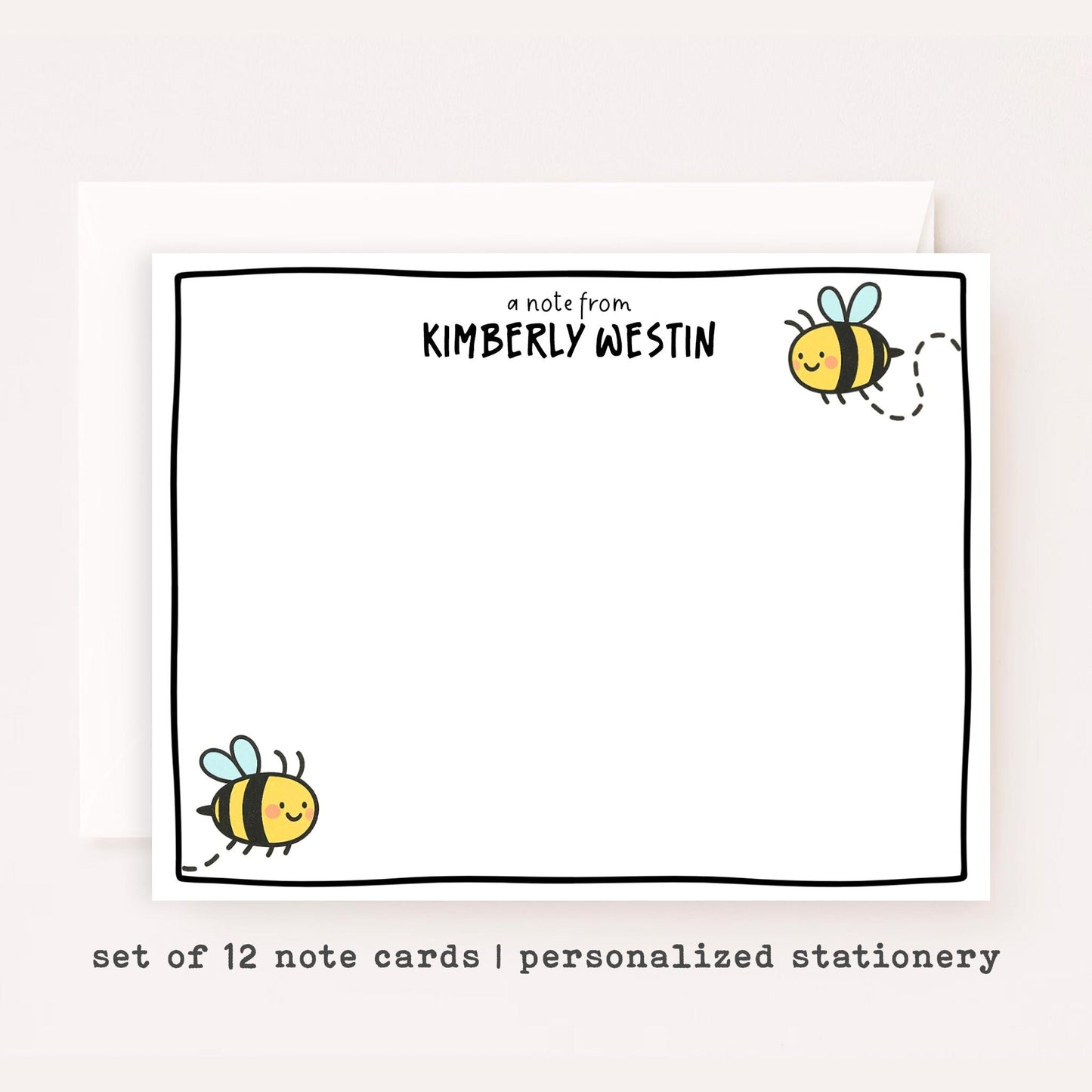 Personalized Bee Stationery Set • Custom Name Flat Notecards • Cute Bee Thank You Cards • Monogram Stationery • Set of 12