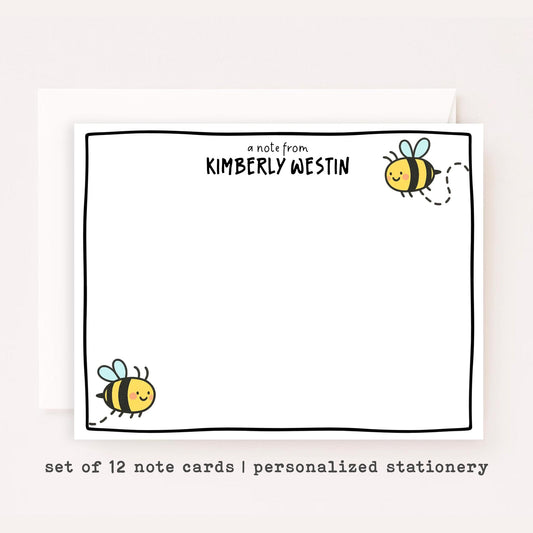 Personalized Bee Stationery Set • Custom Name Flat Notecards • Cute Bee Thank You Cards • Monogram Stationery • Set of 12