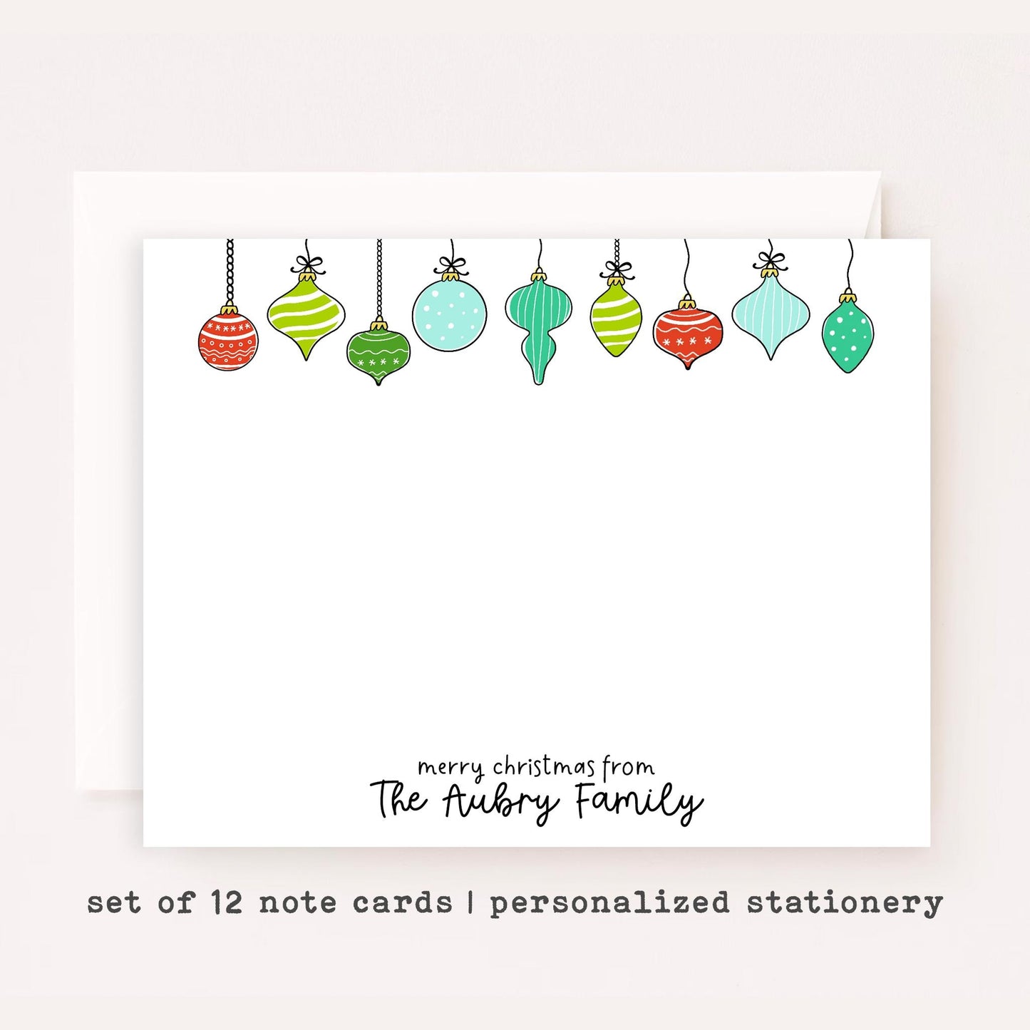 Personalized Christmas Stationery • Ornament Notecard Set • Custom Family Name Cards • Holiday Thank You Cards • Festive Set of 12