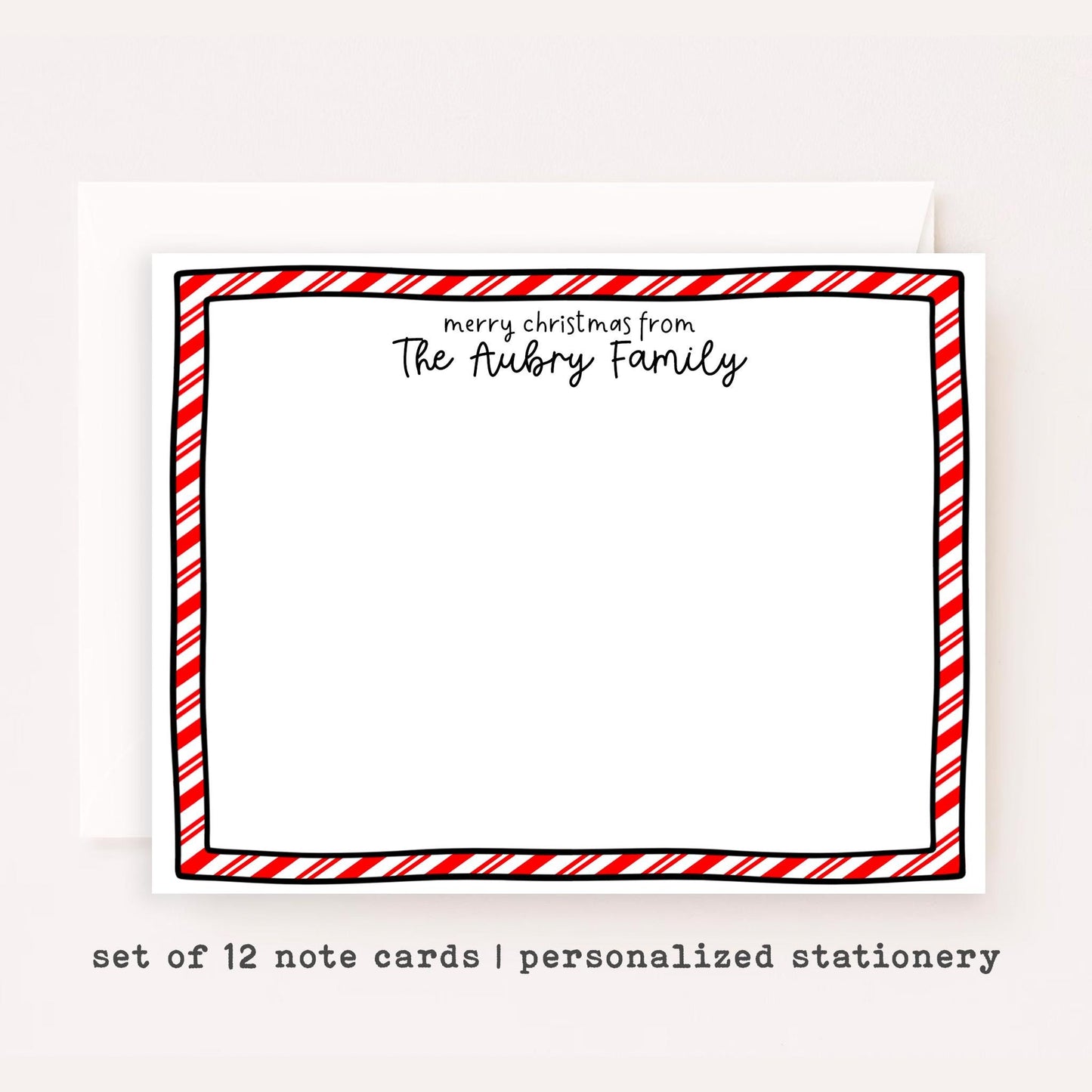 Personalized Candy Cane Christmas Stationery • Custom Name Holiday Notecards • Family Thank You Cards • Custom Flat Notecards • Set of 12