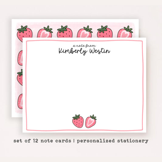 Personalized Strawberry Stationery • Cute Pink Notecard Set • Custom Name Note Cards • Thank You Cards • Pink Strawberry • Set of 12