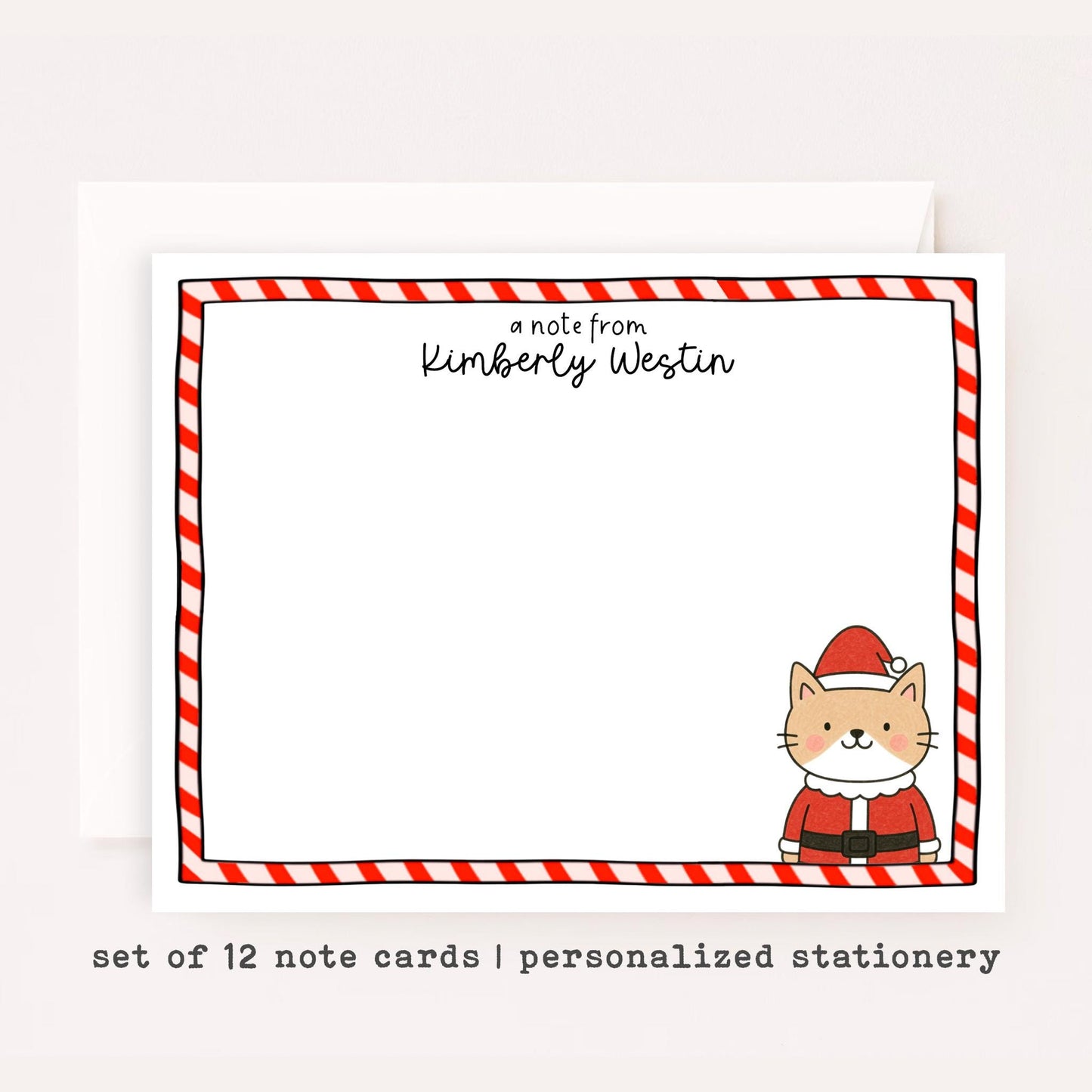 Personalized Cat Santa Stationery Set • Custom Name Flat Notecards • Christmas Cat Thank You Cards • Holiday Cat Gift • Set of 12