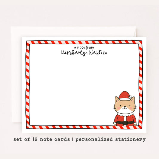 Personalized Cat Santa Stationery Set • Custom Name Flat Notecards • Christmas Cat Thank You Cards • Holiday Cat Gift • Set of 12