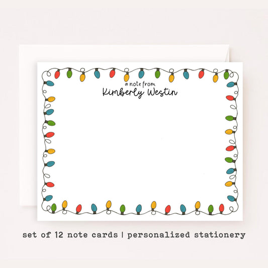 Personalized Christmas Stationery • Christmas Lights Notecard Set • Custom Name Note Cards • Holiday Thank You Cards • Festive Set of 12